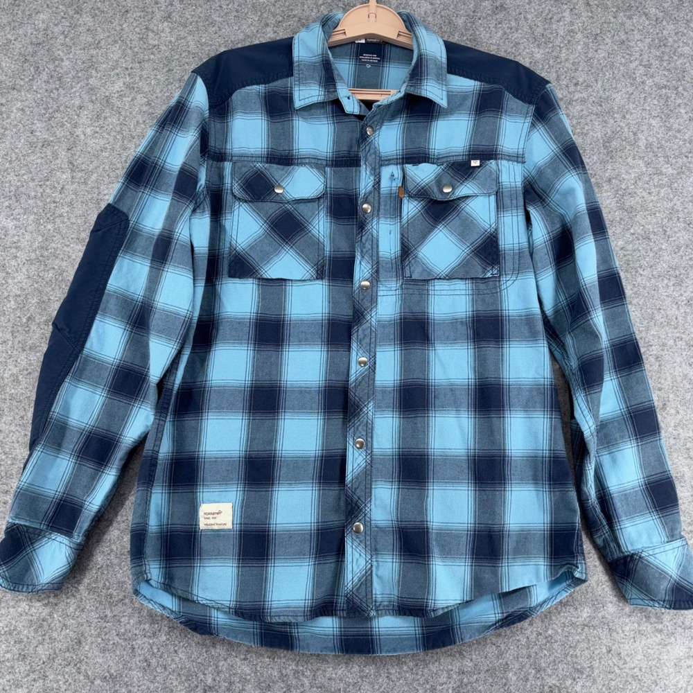 Norrona Svalbard Flannel Shirt Mens Small Blue Plaid Reinforced Hiking Outdoor